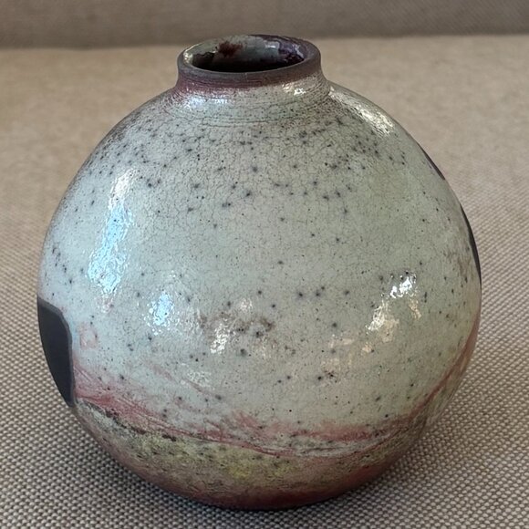 Small Round Hand Made Raku Vase - Picture 3 of 6